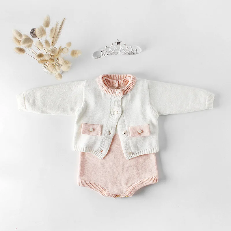 

Kids Clothes 2 Pieces Sets Knitted Coat Romper Autumn Pocket Solid Color Cute O-neck Simple Style Casual Sweet Cotton All-match