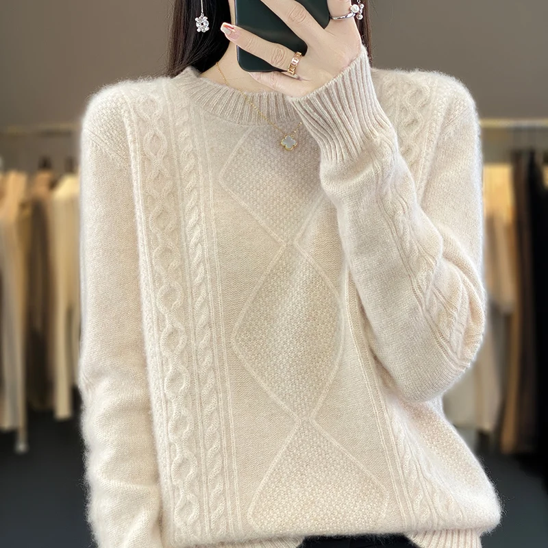 

Women's Clothes 100% Merino Wool Round Neck Sweater Knitting Pullover Solid Color Diamond Twist Casual Warmth Thickening M-8151