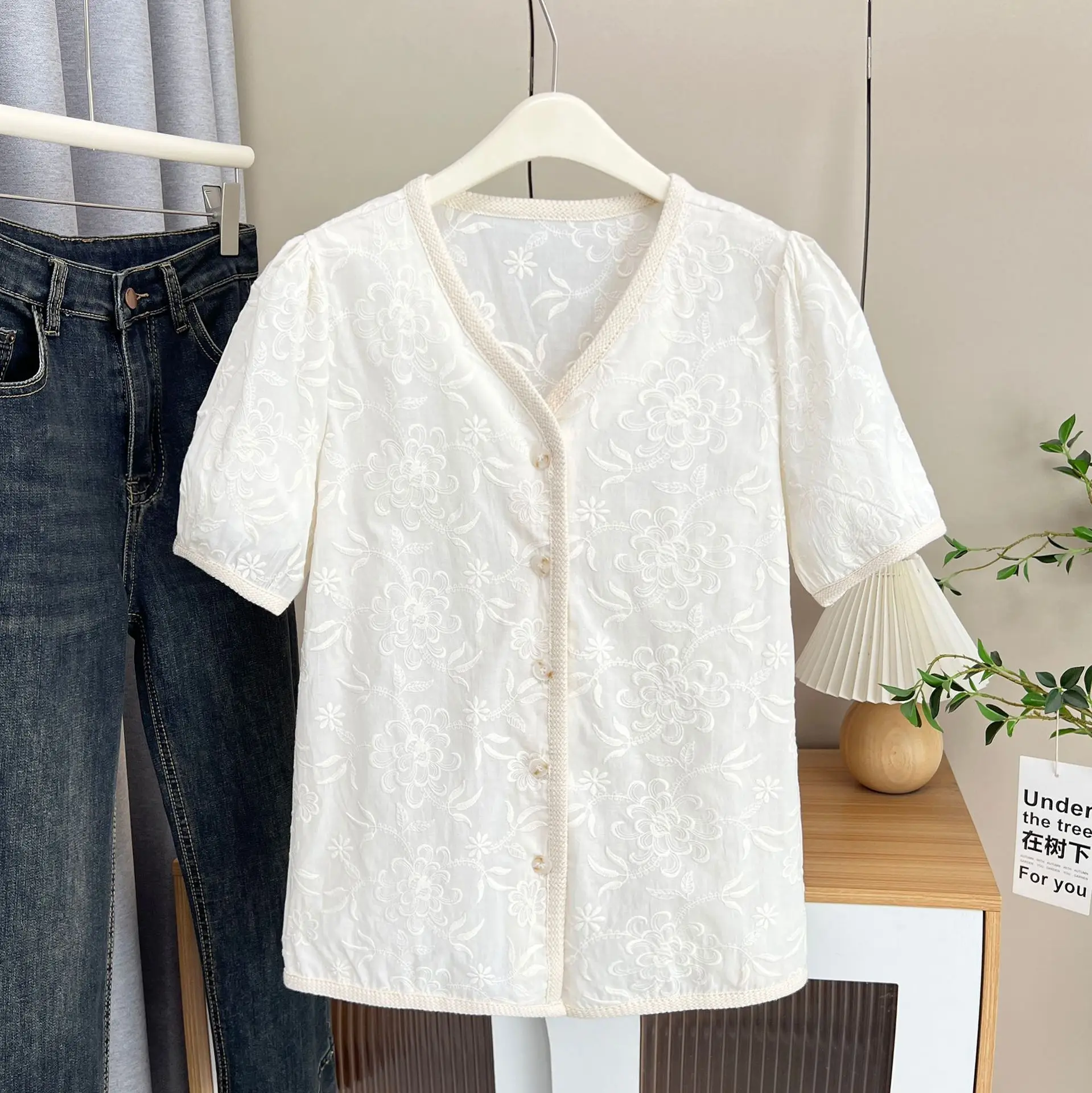 100KG Summer Plus Size Women's Blouses New Retro Chinese Style Jacquard Cotton Short Sleeved Shirt Elegant
