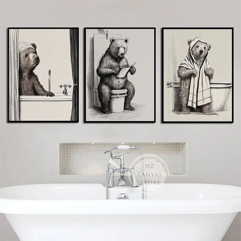 Funny Bear in Bathrobe Penguin Bath Tub Vintage Surreal Poster Animal Canvas Printing Wall Art Picture for Bathroom Toilet Decor