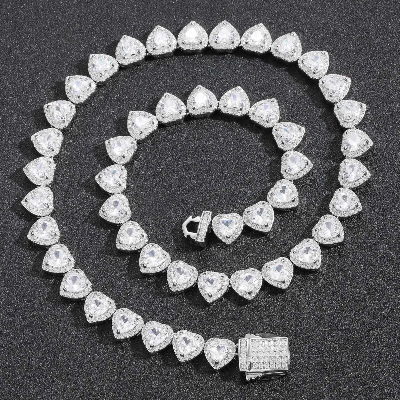 

10mm Heart Zircon Bling Iced Out Brass Chains Spring Clasp Necklace Fashion Hip Hop Rap Jewelry BN136