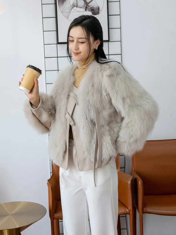 Real Fur Fox Coat Female Short Women's Clothing Fur One Coat 2023 Winter Young New Knitted Fashion Slim Casual Fluffy Jackets1Pc