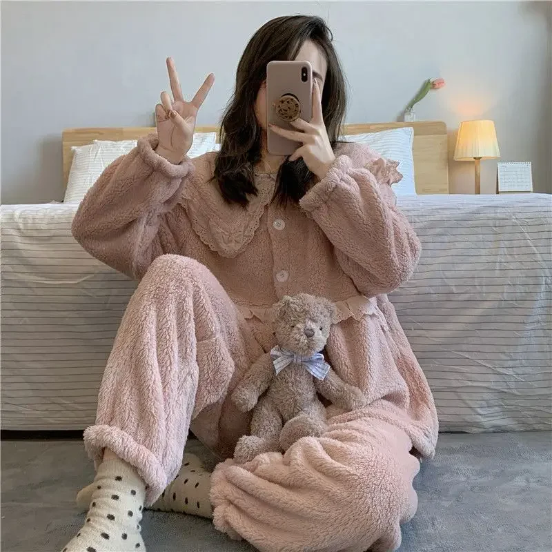 Famale Princess Style Loungewear Coral Fleece Pajamas Women Winter Sleep Clothes Thick Sweet Girls Plush Homewear Sets Pijamas