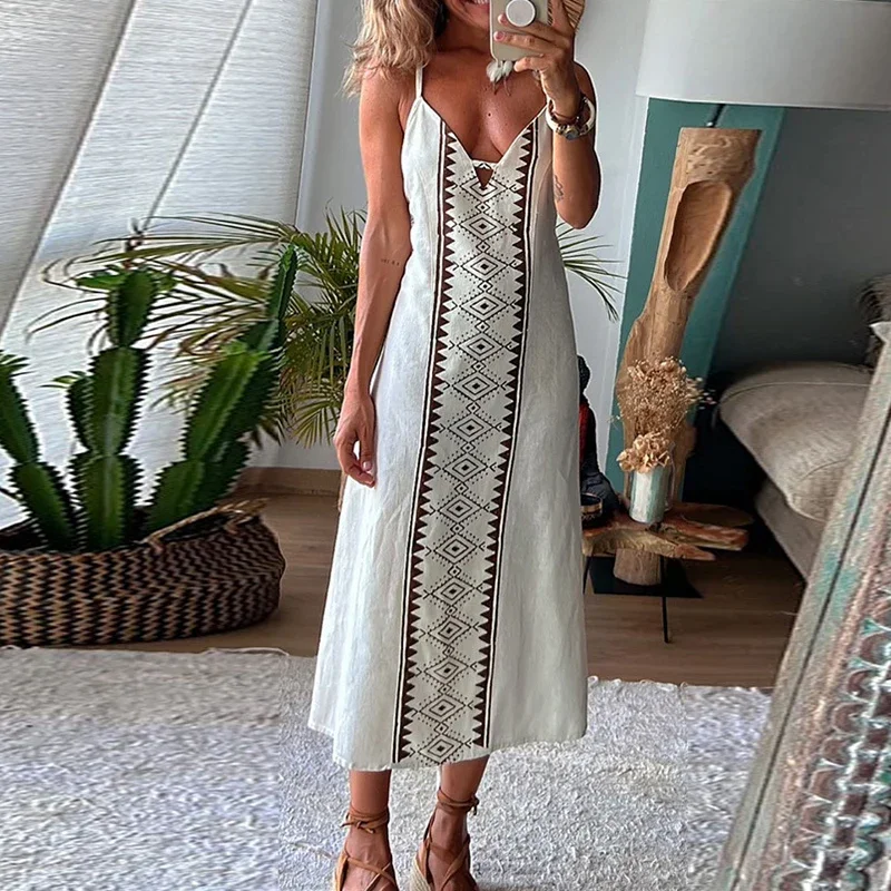 

Платье женское длинное с глубоким V-образным вырезом, пикантное лоскутное платье на бретелях с геометрическим принтом, в стиле бохо, без рукавов, лето