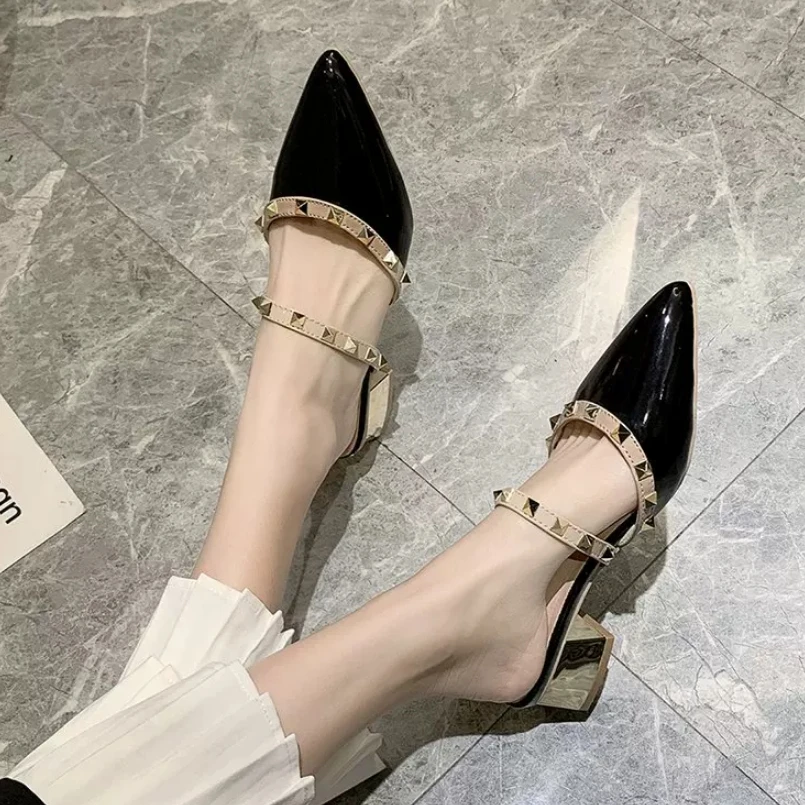 

Женские сандалии с заклепками, универсальные туфли-лодочки на высоком каблуке с острым носком, весна-осень 2024