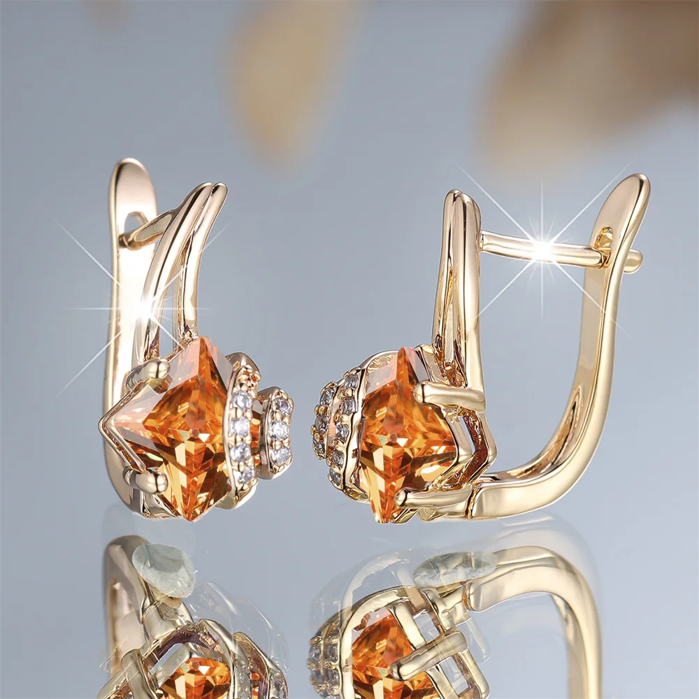 Geometric Champagne Crystal Square Stone Hoop Earrings For Women Vintage Gold Color Ear Buckle Wedding Jewelry Engagement Gifts