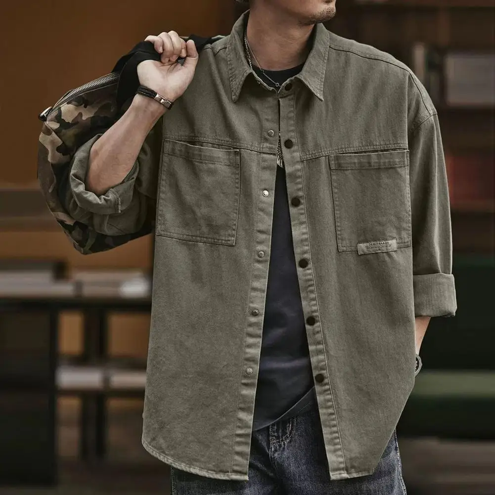 Retro Men Cargo Shirt Spring And Autumn Loose Casual Long Sleeved Shirt Solid Color Buttons Patch Pockets Men Cardigan Shirts