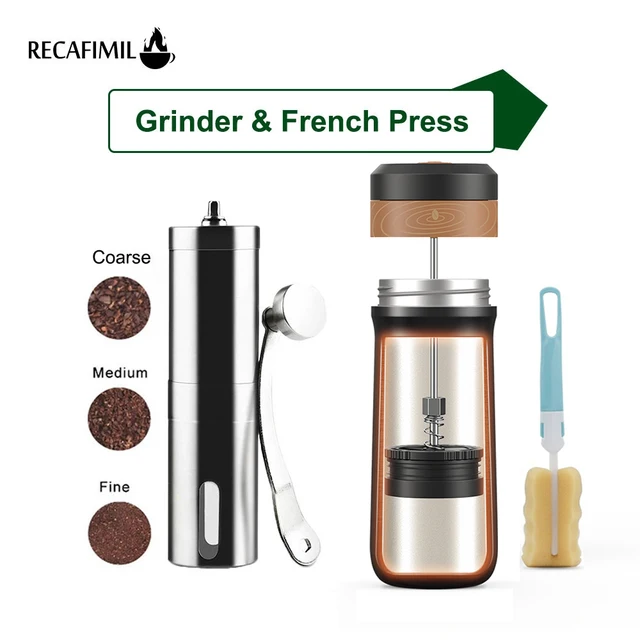 350ML French Press Portable Press Coffee Maker with Coffee Plunger Filter Tarvel Mug Pot Stainless Steel Manual Coffee Grinder 1