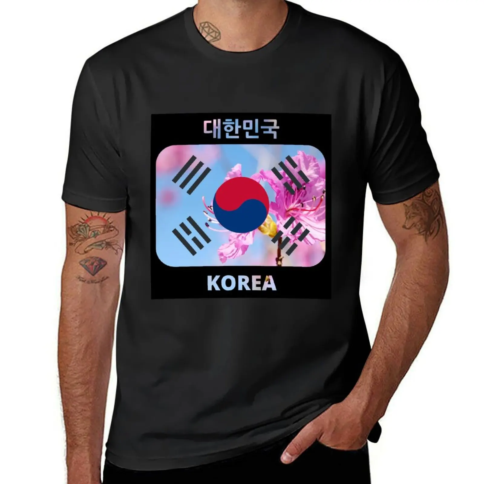 

Korean flag with spring theme - Korean rosebay; azalea T-shirt anime clothes sublime summer top plain white t shirts men