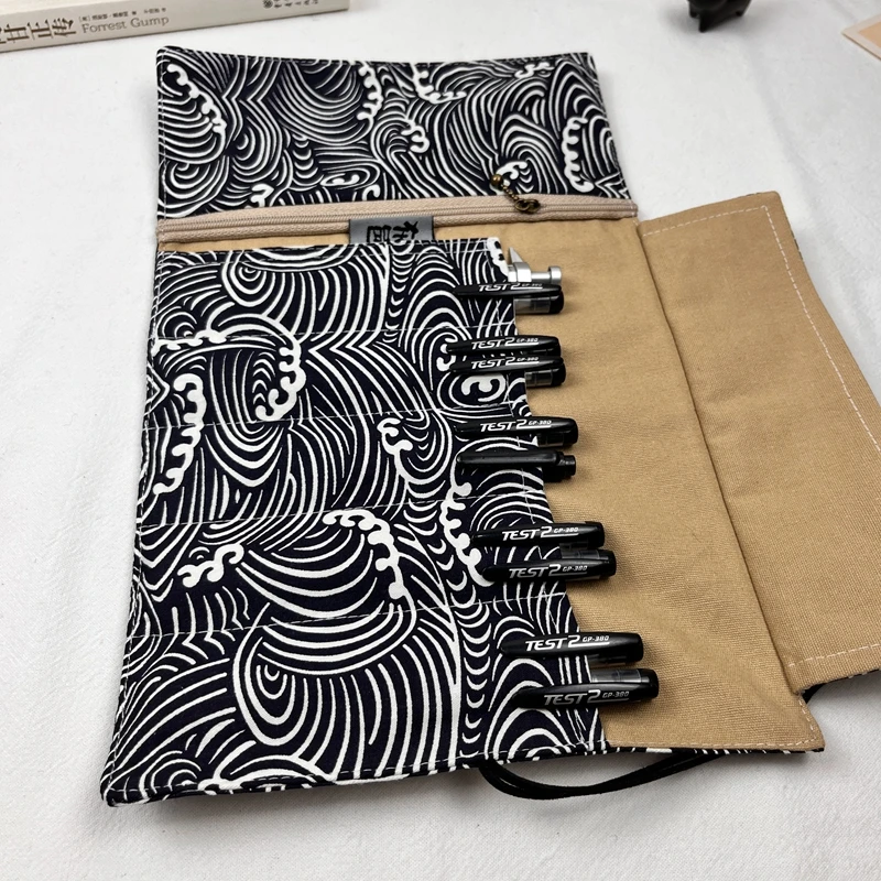 수제 검은 패브릭 펜 커튼 대용량 펜 가방 편지지 보관 가방 펜 가방 휴대용 롤링 커튼