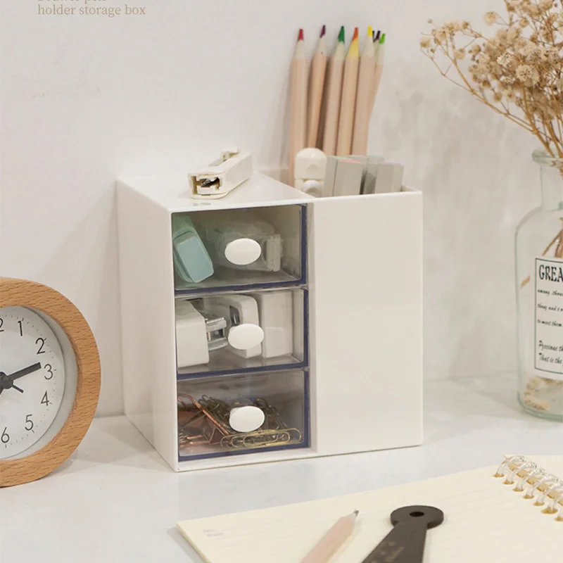 Pen Holder With Three Drawer Desktop Organizer Large Capacity Pencil Storage Box Desk Accessories School Office Stationery