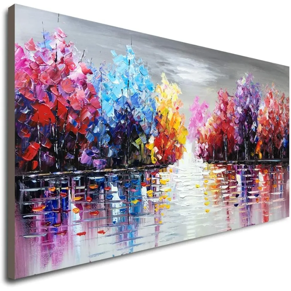 

Large Hand Painted Purple Abstract Textured Tree Wall Art Lake Landscape Oil Painting on Canvas Decorative Paintings Room Decor