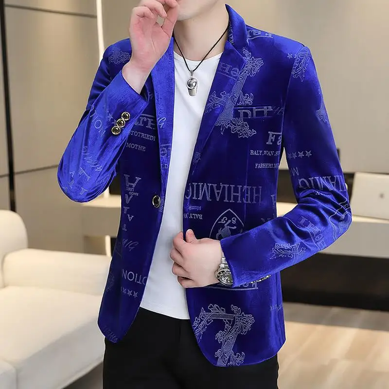 

Brand Clothing Luxury Velvet Suit Jacket Men Fashion Bronzing Printed Blazer Masculino Slim Fit Casual Business Social Blazers