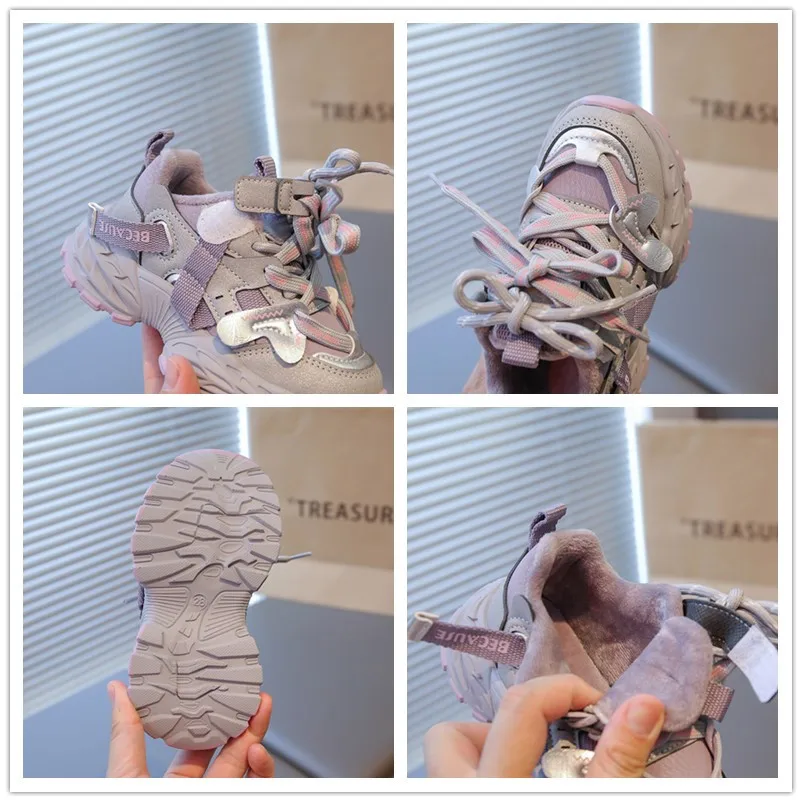 Winter Kids Fleece Walking Shoes Non Slip Thick Sole