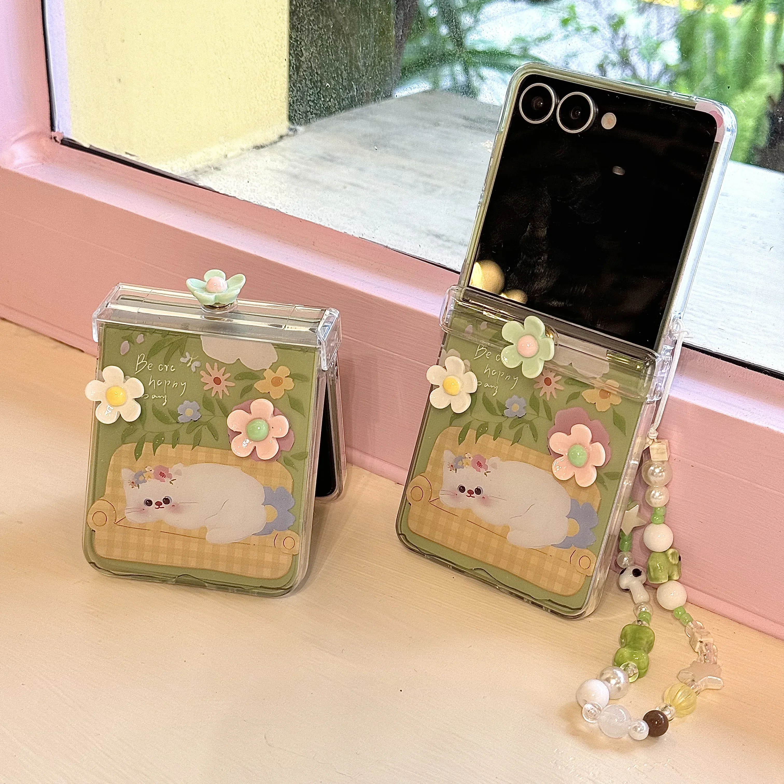 Hinge Protective Phone Case with 3D Flower & Cute Cat Star Wrist Strap