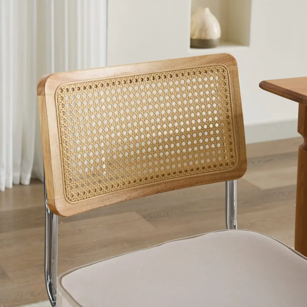 Moderne Esszimmerstühle aus der Mitte des Jahrhunderts, 2er-Set, Samt-Akzentstühle mit Rohrrrückenlehne und rostfreiem Chromsockel, gepolstertes Rattan – Detail 8