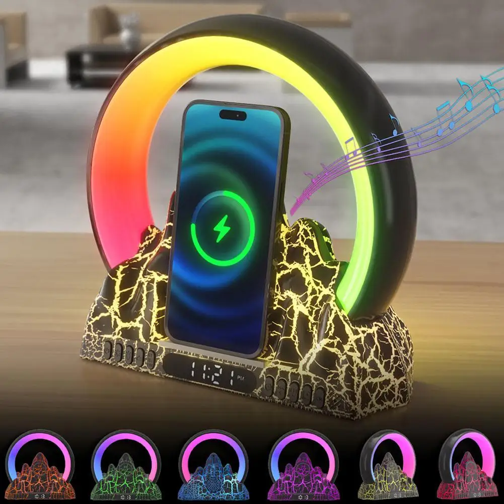 

Беспроводное зарядное устройство, настольная лампа, Bluetooth динамик, RGB будильник, красочная атмосфера, проектор музыки