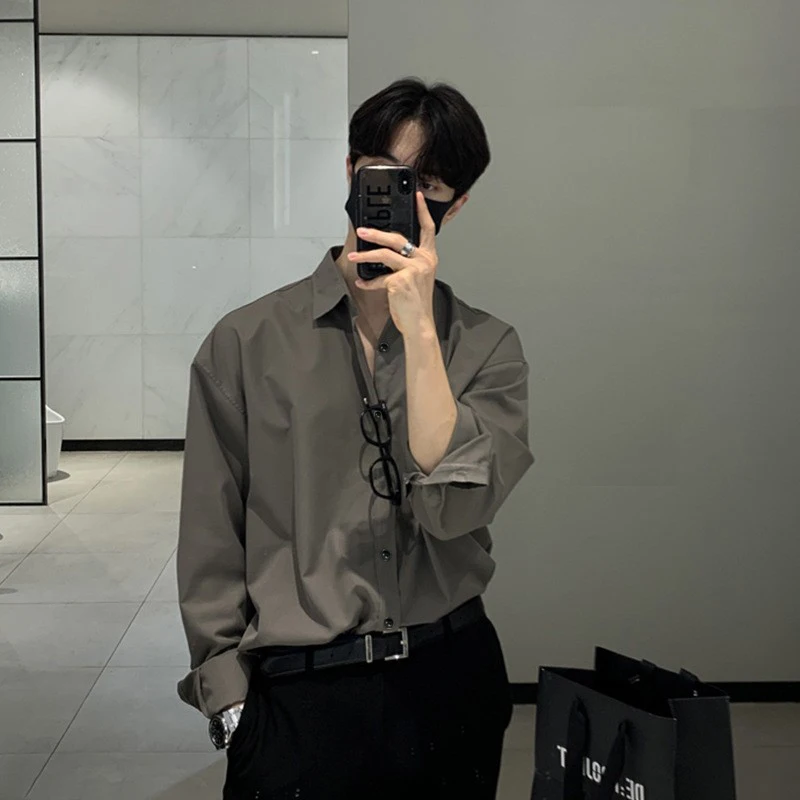New Korean Business Men Shirts Light Luxury Slim-fit Solid Color Long Sleeve Cardigans Leisure Breathable Solid Color Basic Tops