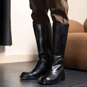 Design Genuine Leather Knee High Boots Men's Shoes height increasing Round Toe Black Chelsea Long Riding Boots Male High Heel