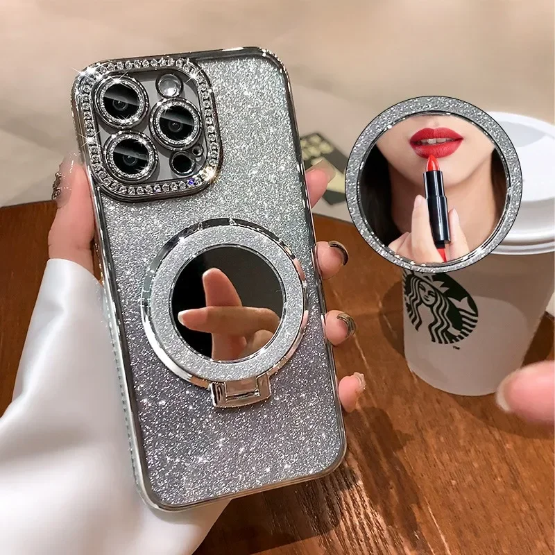 Luxury Diamond Clear Glitter Phone Case with Mirror Magnetic Holder and Stand