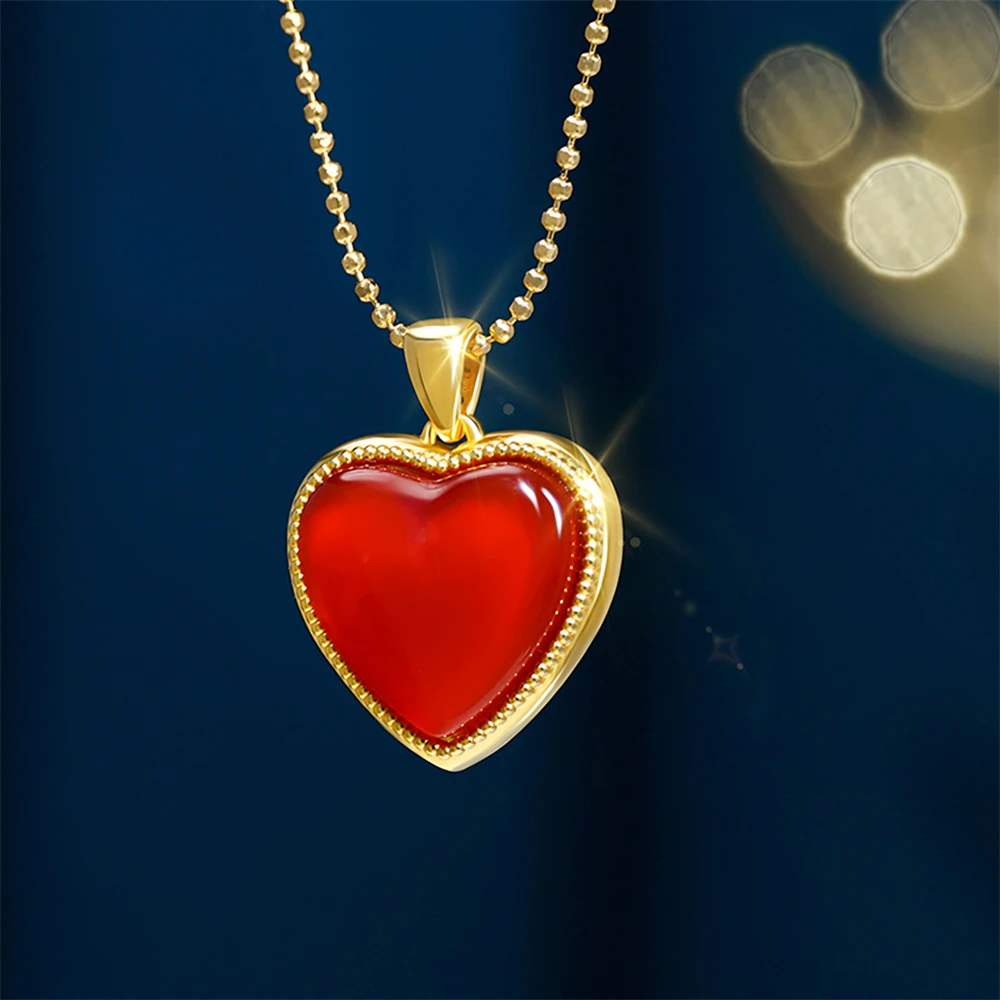 Real 18K Gold AU750 Heart Pendant Clavicle Necklace Natural Agate 