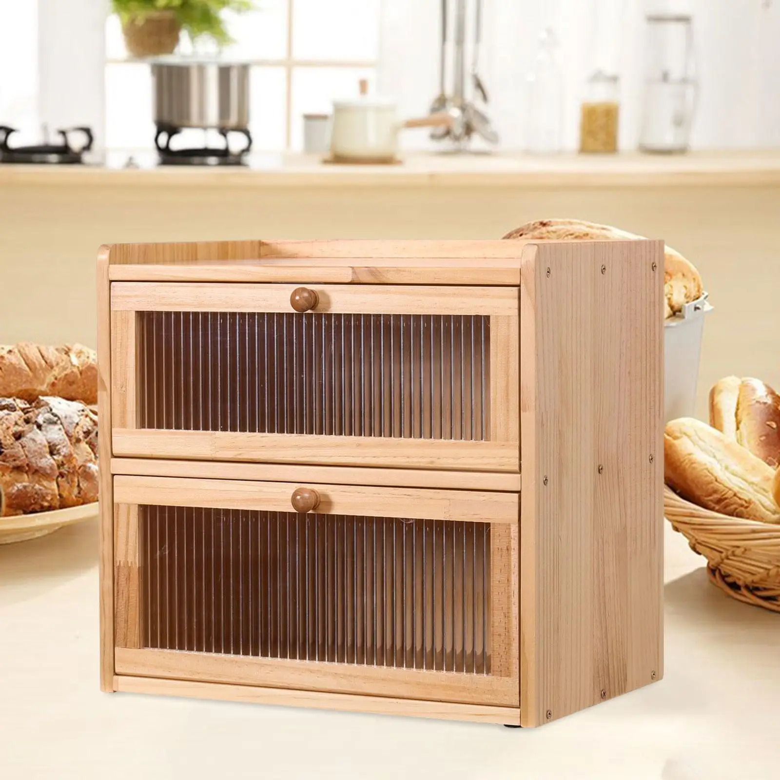 Bread Box for Kitchen Countertop 2 Layer Unique Gift with Flip Lid Wooden Storage Container Bread Holder Farmhouse Breadbox