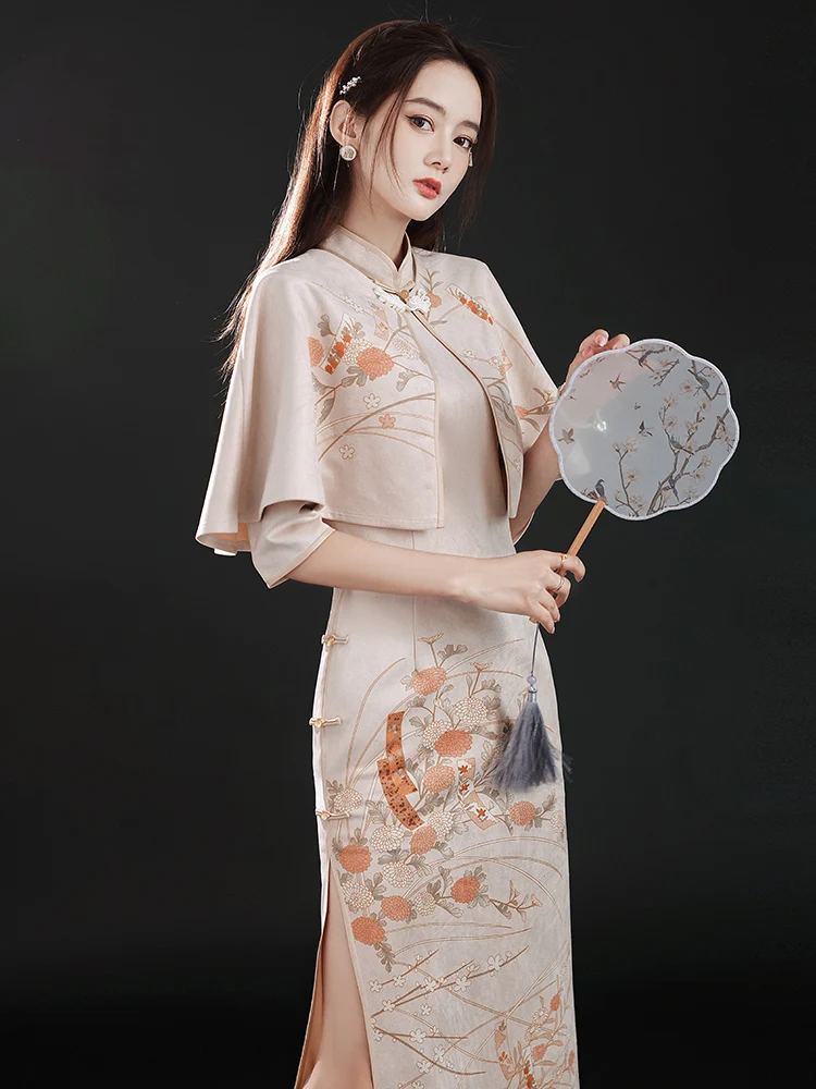 

Spring and Autumn Elegant Slim Fit Two Piece Chinese Traditional Dress Women's Hanfu Mid sleeved Robe+Cloak and Shawl Set