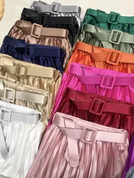 14-color spring summer satin pleated skirt pure color pearlescent drape high waist a-line skirts women belted long skirt elegant