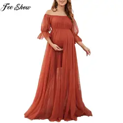 Pregnant Woman Elegant Maxi Party Dress Off-Shoulder Short Sleeve Tulle Formal Gown Wedding Birthday Evening Photography Costume