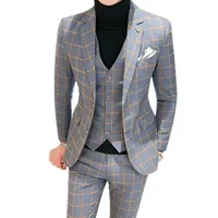 Men Dress Blazers Pants Vest 3 Piece Set / Male Wedding New 2023 Autumn Business Formal Plaid Suit Luxury Slim Fit Coat Trousers 2