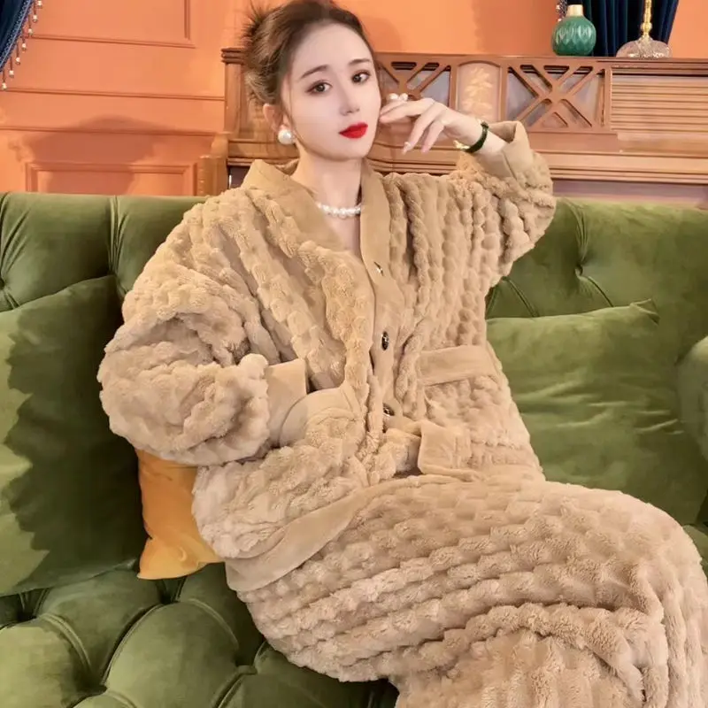 Warm Sleepwear Women Autumn Winter Pajamas Sets Thick Coral Velvet Flannel Kawaii Clothes Loungewear Set Korean Button Loose
