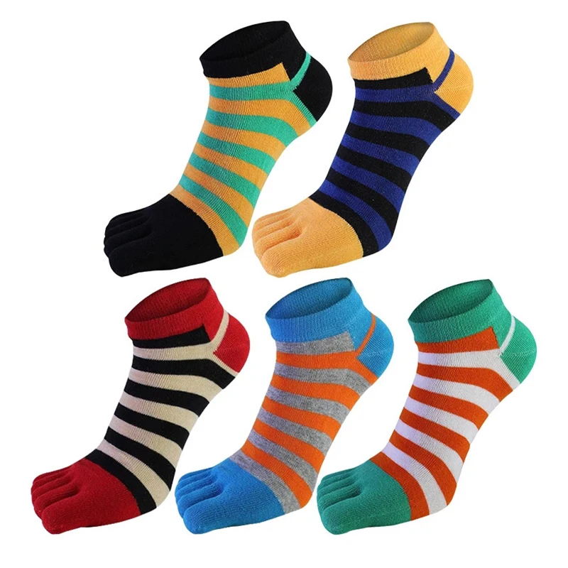 

5 Pairs/lot Combed Cotton Ankle 5 Finger Socks Men Boy Striped Colorful Casual Sweat-Absorbing Breathable Boat No Show Toes Sock