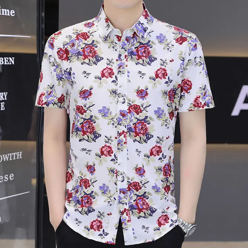 

Korea Style Handsome Fashion Mens Casual Shirts Button Down Slim Fit Short Sleeve Print Shirts Asain Size Hot Saling S39