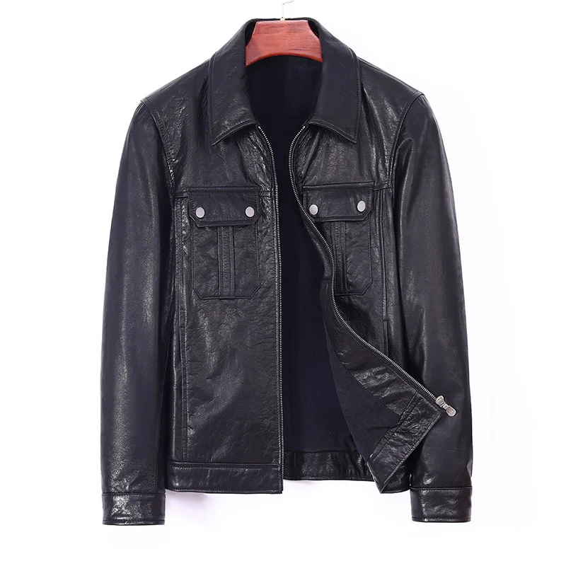 2022 Winter Leather Jacket Men Motorcycles Genuine Cow Jacket Windproof Suit Collar Solid Short Coat Casual Fashion WB5143