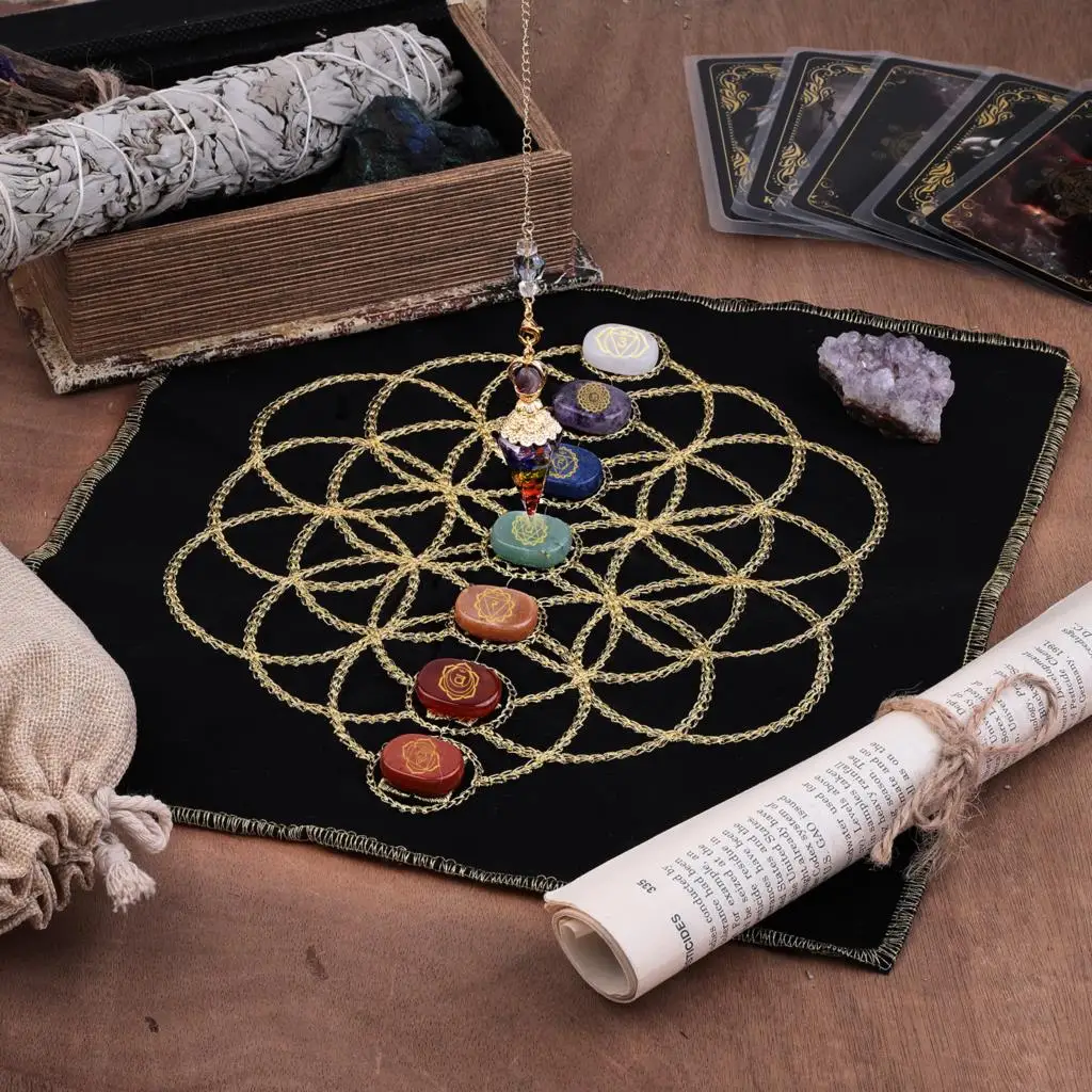 7 Chakra Crystal Stone Set With Flower of Life Mat Natural Amethyst Cluster Reiki Pendulum For Beginners Yoga Meditation