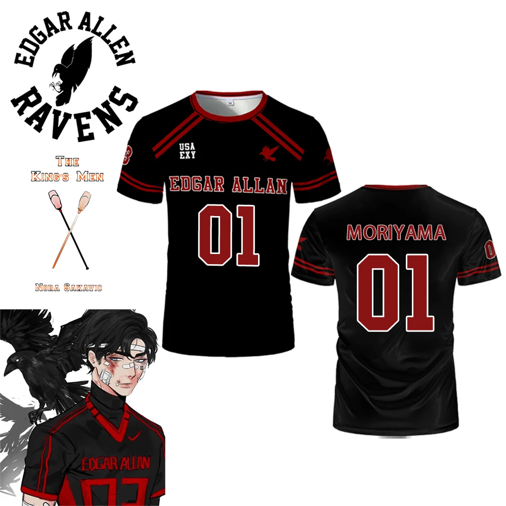 2025 Neues The Foxhole Court Edgar Allan Ravens Lacrosse-Trikot Cosplay Riko Moriyama 3D-T-Shirt Alle für das Spiel Kinderuniform