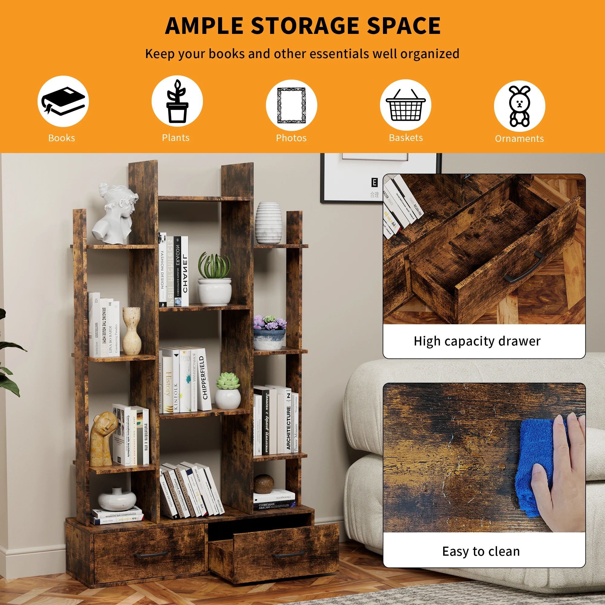 Bookshelf with 2 Drawers,Industrial Freestanding Open Display Shelving,Vintage Open Bookcase,Book Case for Bedroom, Living Room