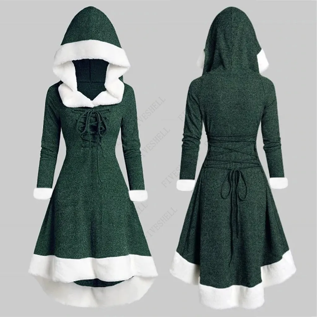 2023 Christmas Lady Autumn Winter Vintage Long Sleeve Plush Patchwork Vintage Dress Evening Dress With Hat Plus Size 3XL Dress