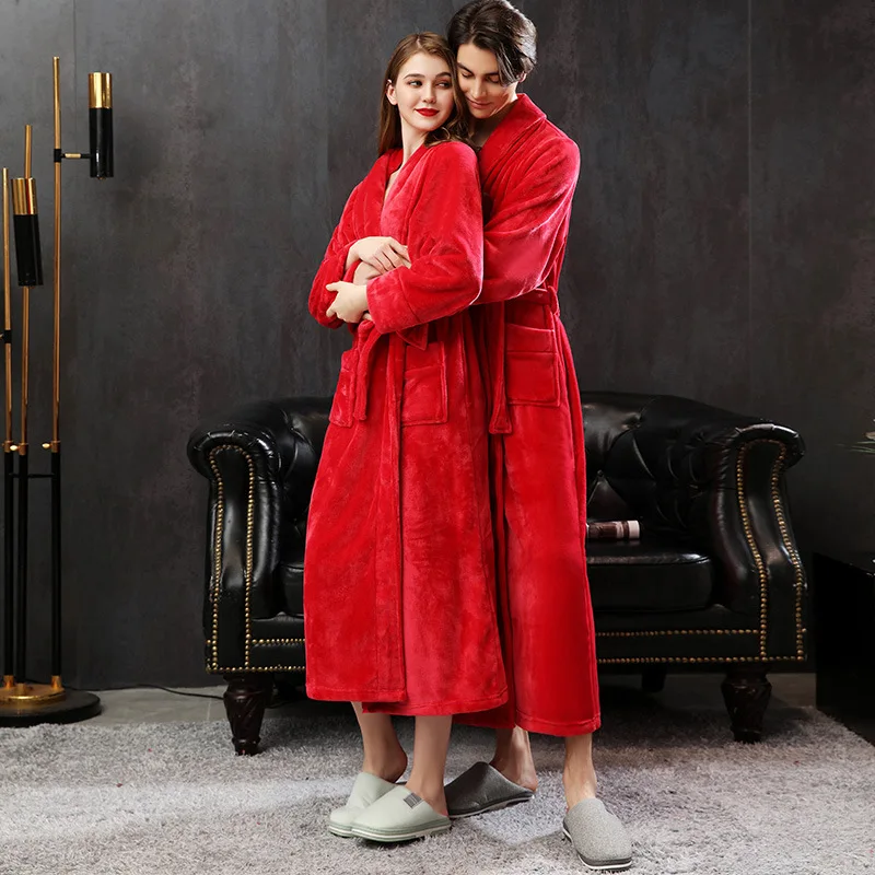 Winter Long Nightgown Robe Warmth Couple Pajamas Plus Size Loose Free Shipping Sleep Top Flannel Loungewear Bathrobe Cardigan