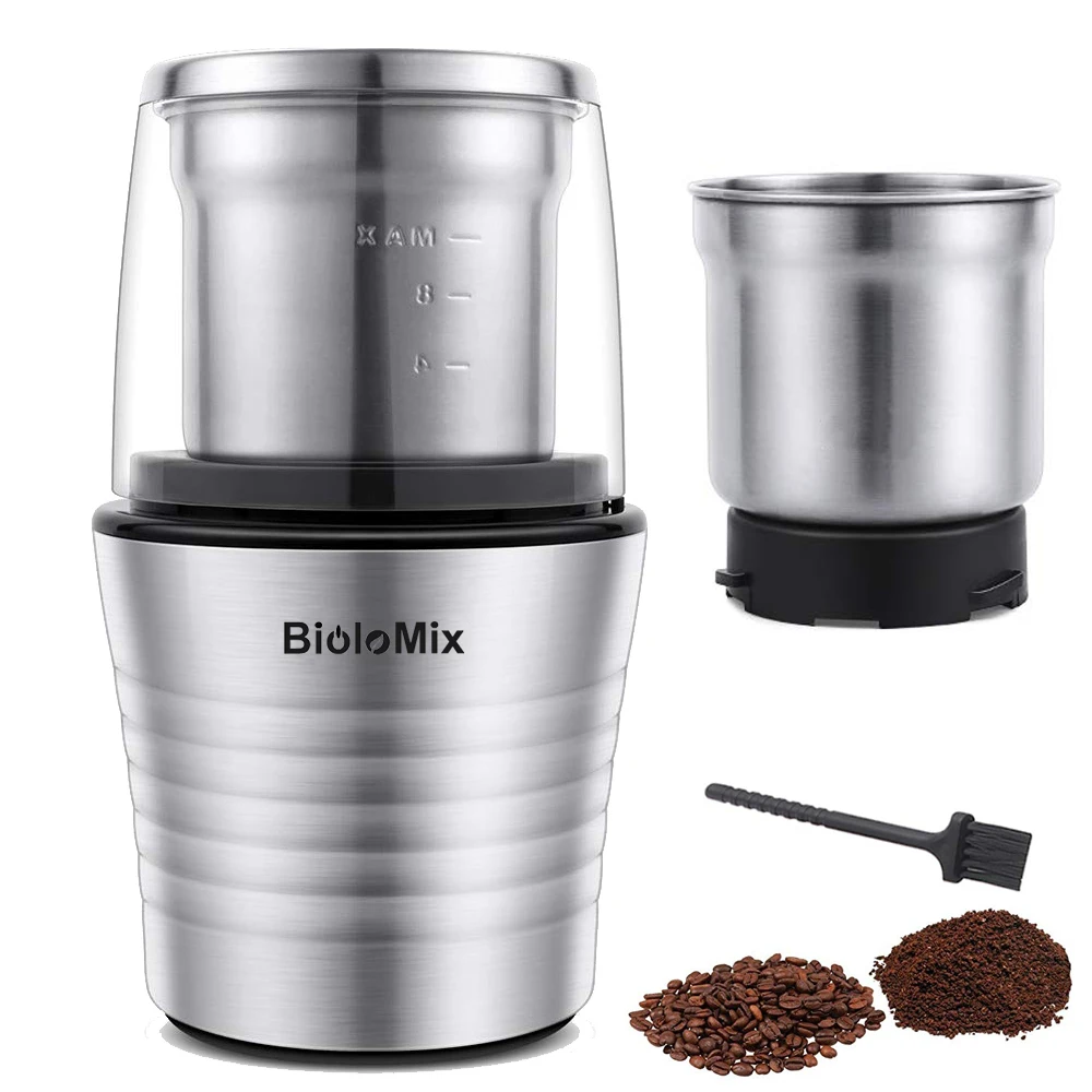 BioloMix 2-in-1 Wet and Dry Double Cups 300W Electric Spices and Coffee Bean Grinder Stainless Steel Body and Miller Blades 2