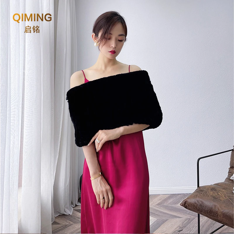 Fur Shawl Cape Real Rex Rabbit Fur Scarf Winter Warm Party Elastic Knitted Pullover Wrap Shoulder Neck Scarf Womens Scarves