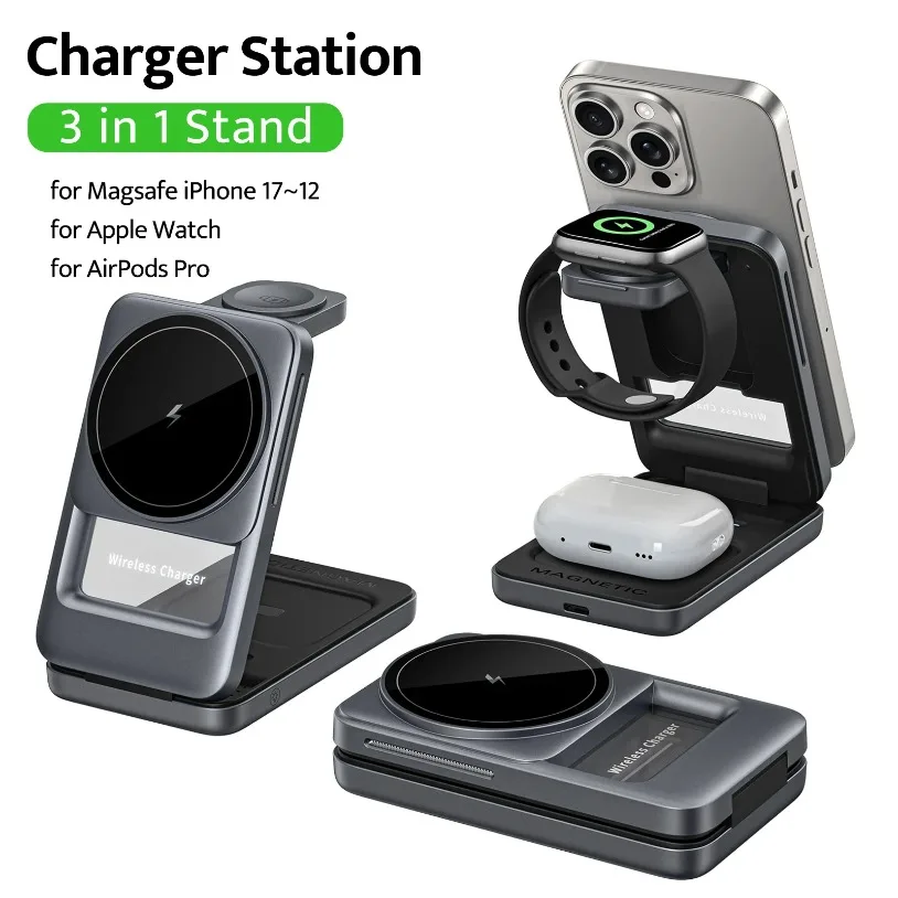3-in-1 15W Magnetic Wireless Charging Station for iPhone 17 16 15 14 13 12 Apple Watch 11~2 SE AirPods Pro Fast Charging Station