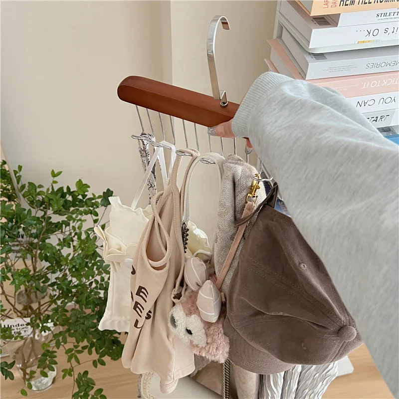 Wooden Bra Hanger Belts Camisole Clothes Organizer Rack 8 Hooks Tie Hats Scarf Holder NonSlip Space Saving Wardrobe Storage