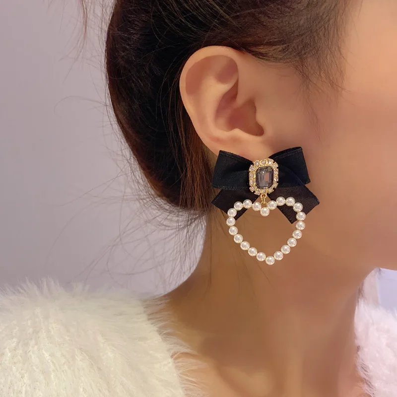 Bow Clip Earrings For Women Retro Rhinestone Black BowKnot Heart Shaped Party Jewelry