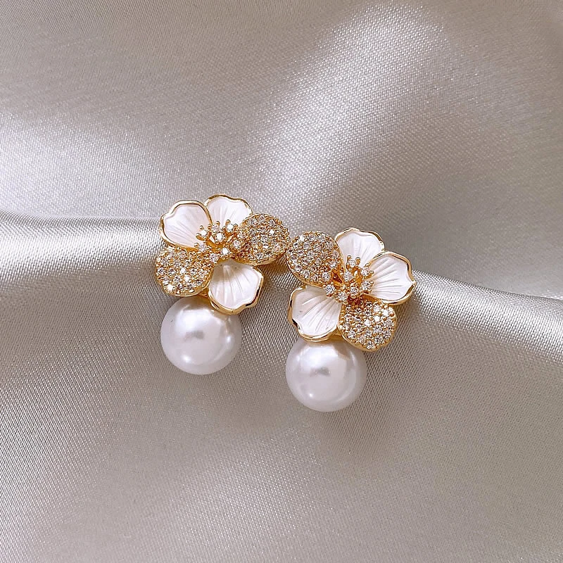 Französisch Licht Luxus Micro Set Zirkon Weiß Emaille Kamelie Perle Anhänger Ohrringe 2025, Neue Mode Schmuck Zubehör Für Frauen – Detail 8