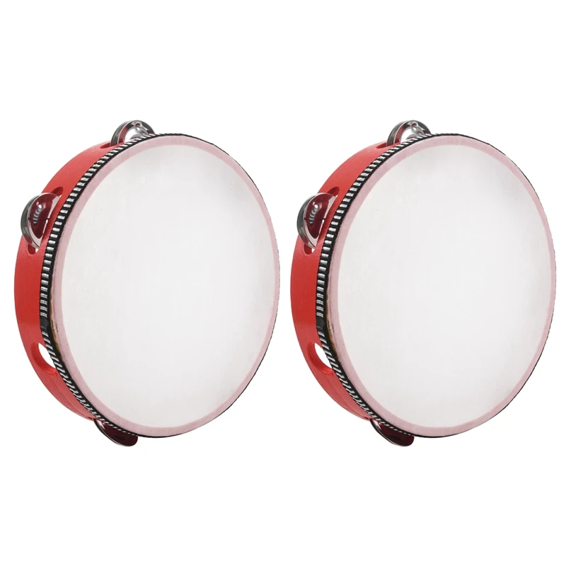 

2X 8Inch Musical Tambourine Tamborine Drum Round Percussion Gift For KTV Party Red