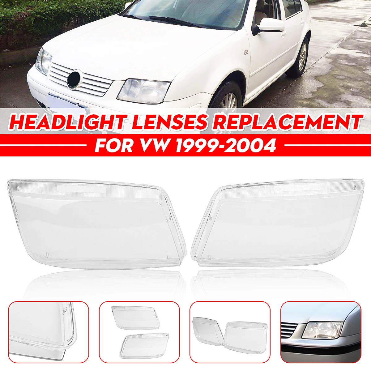 2ppc Left & Right Car Headlight Lens Cover Replacement For Vw Jetta