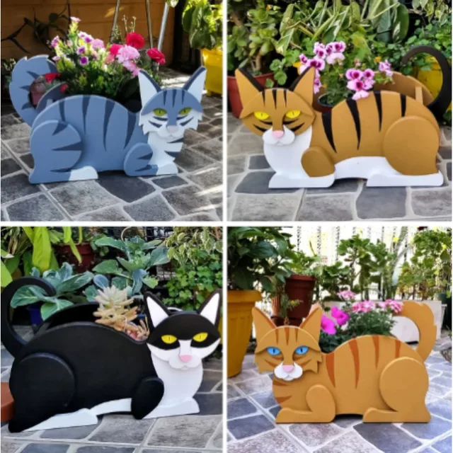 Pvc Fekvő Macska Kerti Virág Edény Ültetvényes Karikatúra Fekete Fehér Sziámi Cica Kültéri Beltéri Fű Kosár Diy Növényi Dekoráció - Image 4