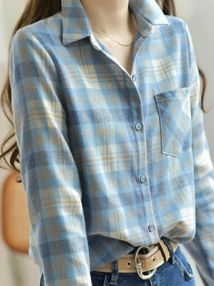 

Woman Top Plaid Spring and Autumn Blue Check Loose Cotton Full Long Sleeve Button Up Shirts & Blouses for Women Tall Youthful Xl