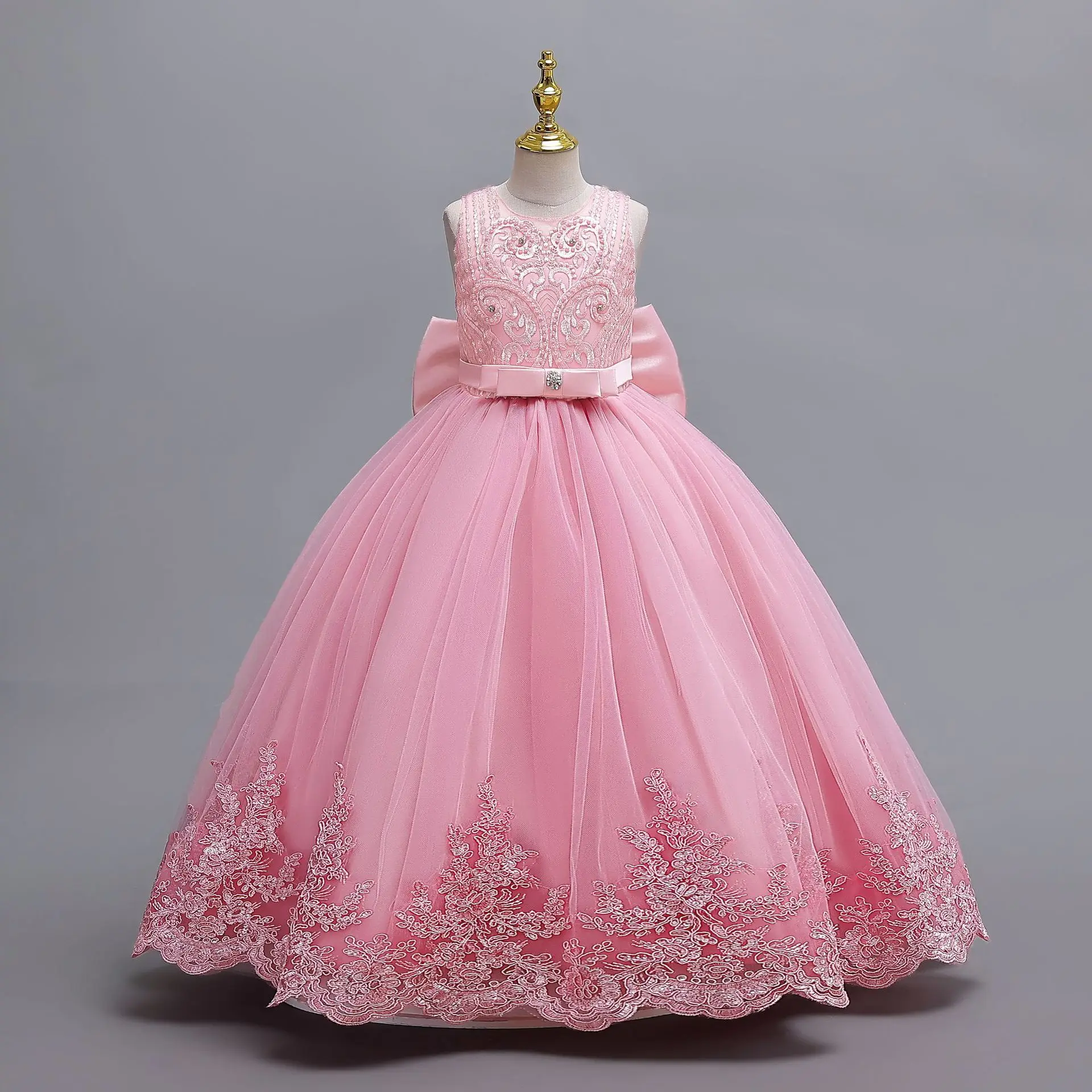 AmyStylish Little Big Girls Embroidered Beaded Bowknot Birthday Party Pageant Formal Dress AC135